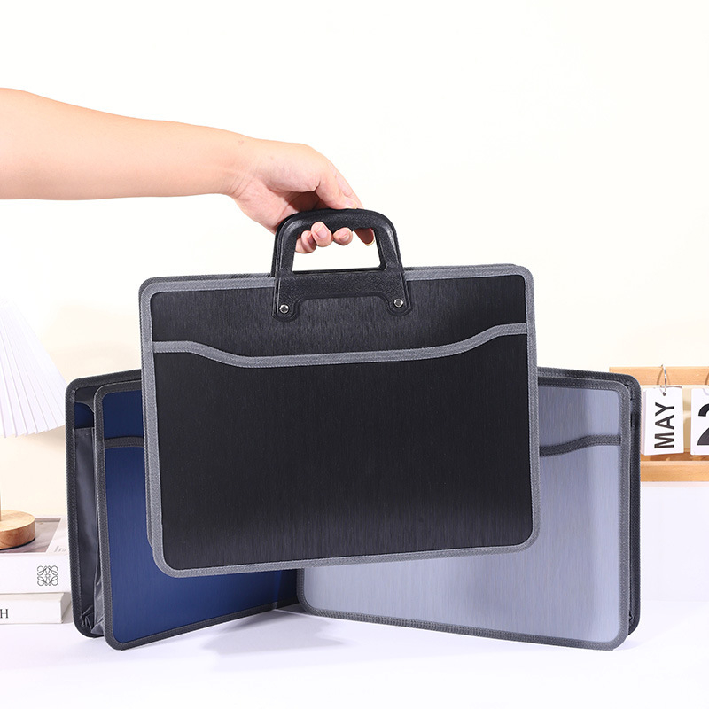 Dosar negru minimalist cu compartiment acordeon pentru documente, organizator portabil de birou