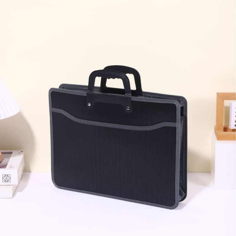 Dosar negru minimalist cu compartiment acordeon pentru documente, organizator portabil de birou