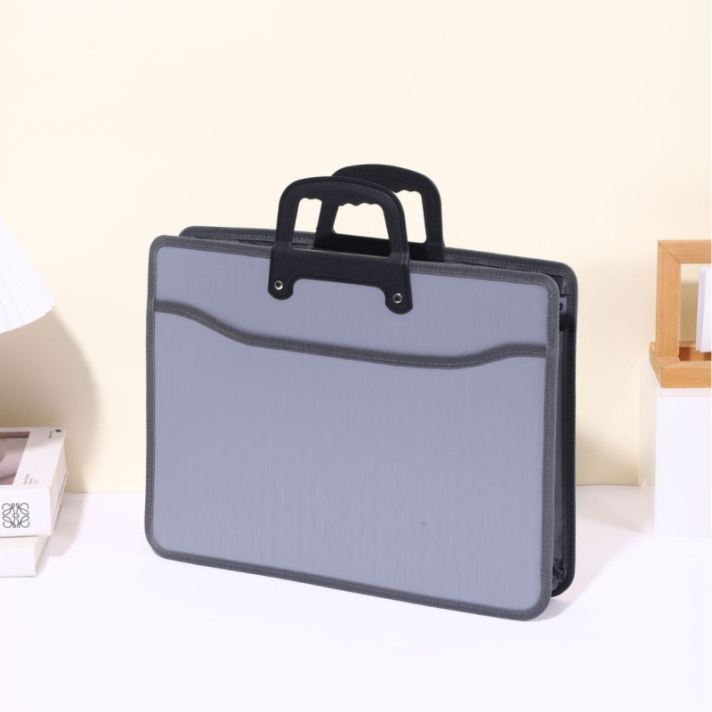 Dosar negru minimalist cu compartiment acordeon pentru documente, organizator portabil de birou