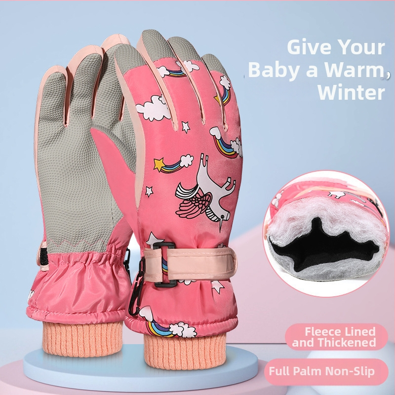 Detské rukavice na lyžovanie a bicykel, podšité fleesom a zosilnené pre teplo, zimné vetruodolné rukavice s roztomilým dizajnom
