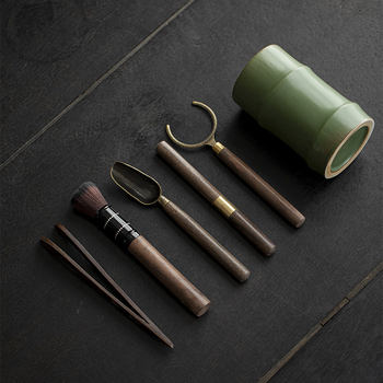 Set Gongfu pentru ceremonia ceaiului din lemn de abanos șase domni cu clește pentru ceai linguriță de ceai stilou pentru ceai cuțit pentru ceai și recipient ceramic pentru ceai