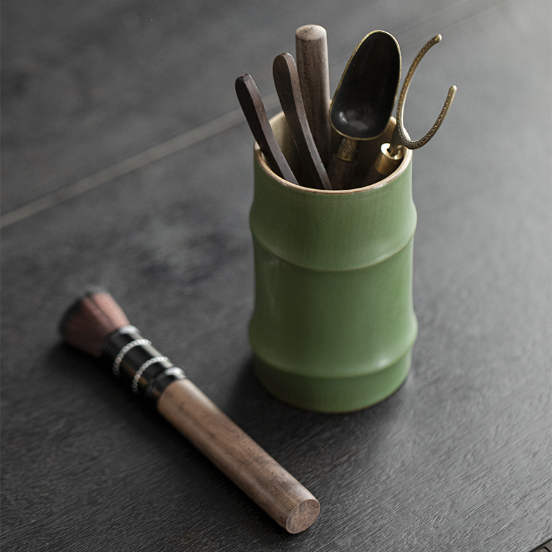 Set Gongfu pentru ceremonia ceaiului din lemn de abanos șase domni cu clește pentru ceai linguriță de ceai stilou pentru ceai cuțit pentru ceai și recipient ceramic pentru ceai