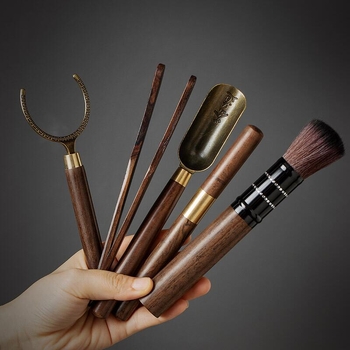 Set vintage de accesorii pentru ceremonia ceaiului – Șase Gentlemeni, din lemn de abanos, accesorii Kung Fu pentru ceai: tub pentru ceai, clemă, prosoape și piese de schimb