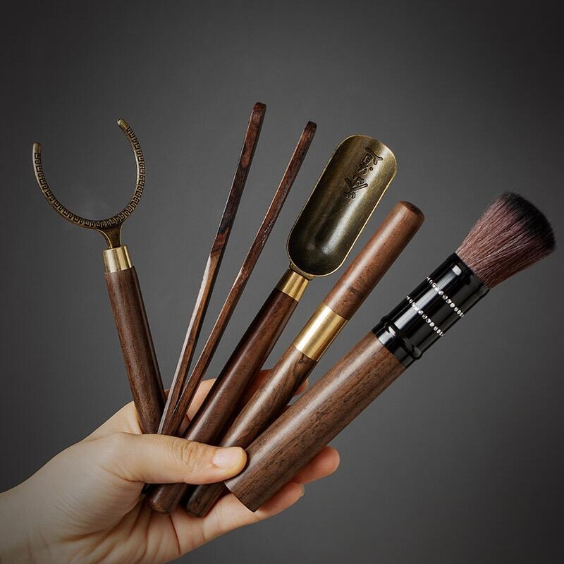 Set vintage de accesorii pentru ceremonia ceaiului – Șase Gentlemeni, din lemn de abanos, accesorii Kung Fu pentru ceai: tub pentru ceai, clemă, prosoape și piese de schimb