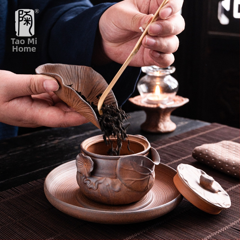 Set de ceai din ceramică groasă cu recipient ceramic pentru ceai și linguriță de bambus pentru ceremonia Zen Gongfu