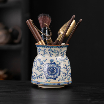 Set de ceai în stil tradițional Ru kiln, ceramică albastru- Alb, ceremonie de ceai, cu șase domni, accesorii: clip pentru ceai și ac pentru ceai