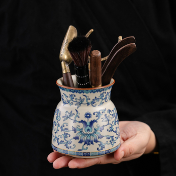 Set de ceai în stil tradițional Ru kiln, ceramică albastru- Alb, ceremonie de ceai, cu șase domni, accesorii: clip pentru ceai și ac pentru ceai