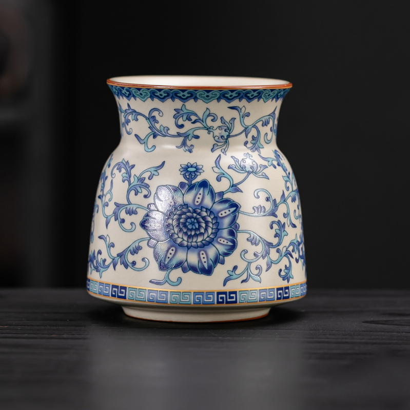 Set de ceai în stil tradițional Ru kiln, ceramică albastru- Alb, ceremonie de ceai, cu șase domni, accesorii: clip pentru ceai și ac pentru ceai