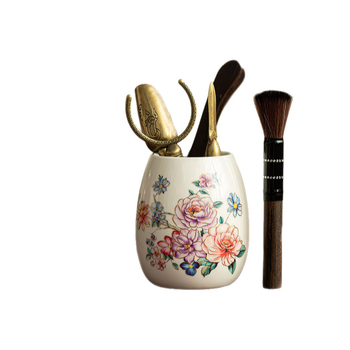 Porțelan din jad alb cu fir auriu și motiv floarea-soarelui — Set de ceremonie a ceaiului cu Șase Domni, pentru uz casnic, accesorii premium (cuțit de ceai, clește de ceai, perie de ceai)