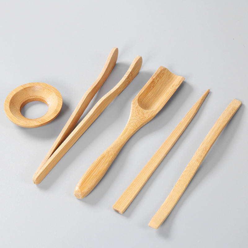 Set de ceai din bambus cu unelte din aliaj de abanos: clește pentru ceai, ac pentru ceai, cuțit pentru ceai și lingură pentru ceai — elegant, portabil, minimalist