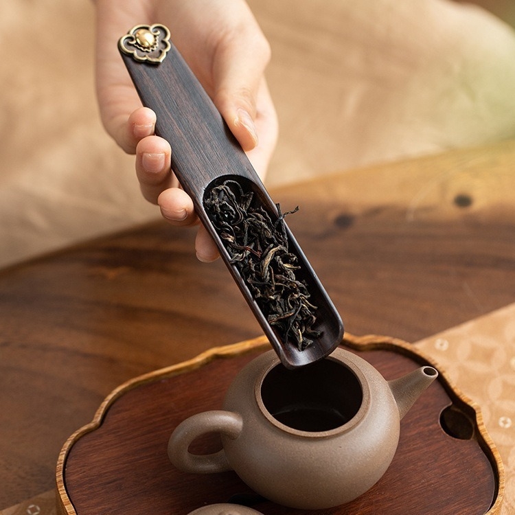 Linguriță de ceai din lemn de abanos cu mâner lung, lingură de ceai, lopățică de ceai și măsură pentru ceremonia Gongfu – accesorii pentru ceai