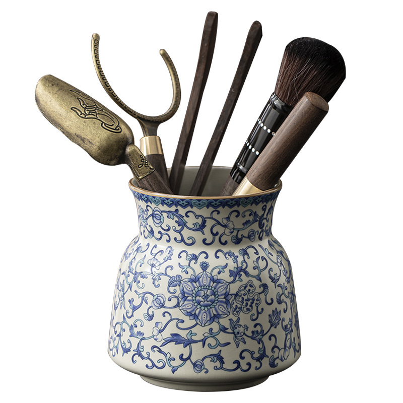 Set ceramic pentru ceremonia ceaiului cu lotus și cei Șase Domni: suport pentru stilou, ceainic, stilou de ceai, linguriță de ceai, clips pentru ceai, cuțit de ceai, tavă pentru ceai