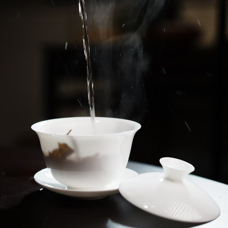 Gaiwan din porțelan cu oase, corp subțire, set Gongfu Chaozhou, bol alb pentru ceai și ceașcă, cadou premium, gaiwan cu capac în trei părți