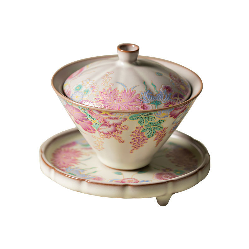 Vas ceramic cu capac, pentru ceremonial Gongfu, bol de ceai cu capac Three-Talent