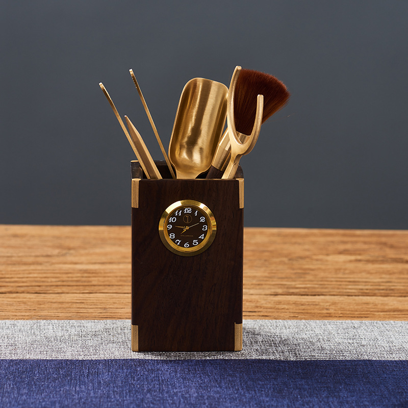 Set ceremonial ceai Six Gentlemen din lemn de abanos – lingură de ceai, clips pentru ceai, cuțit de ceai, furculiță pentru ceașcă și recipient pentru ceai