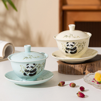 Panda în stil național: set ceramic pentru ceai cu capac, trei piese, design personalizabil, temă de ceai cu flori, cutie cadou
