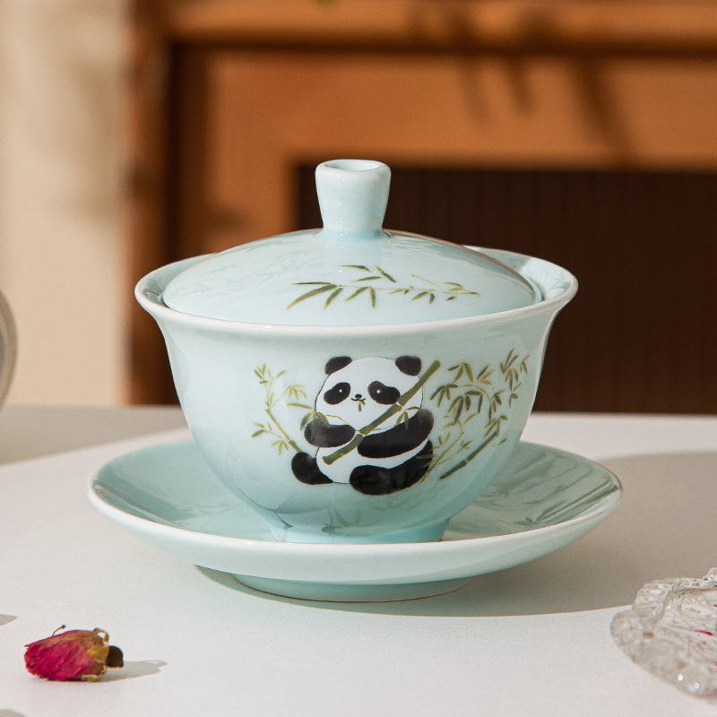 Panda în stil național: set ceramic pentru ceai cu capac, trei piese, design personalizabil, temă de ceai cu flori, cutie cadou