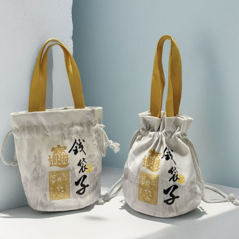 Lingyin Temple Money Bag cu logo personalizat, geantă de cumpărături din velur și bumbac, geantă bucket din pânză, pentru obiective turistice culturale și creativitate