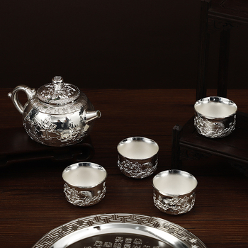 Set de ceai cu cești ceramice încrustate cu argint și bol de ceai, stil retro, în cutie cadou, pentru 4 persoane