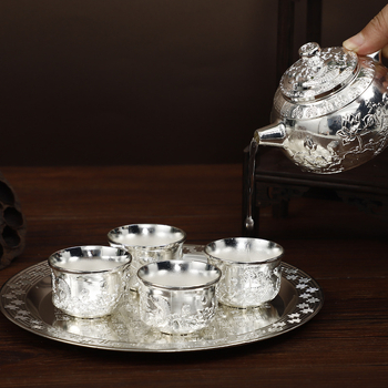 Set de ceai cu cești ceramice încrustate cu argint și bol de ceai, stil retro, în cutie cadou, pentru 4 persoane