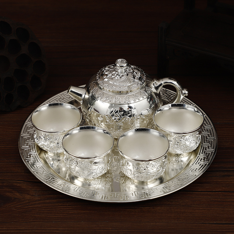 Set de ceai cu cești ceramice încrustate cu argint și bol de ceai, stil retro, în cutie cadou, pentru 4 persoane