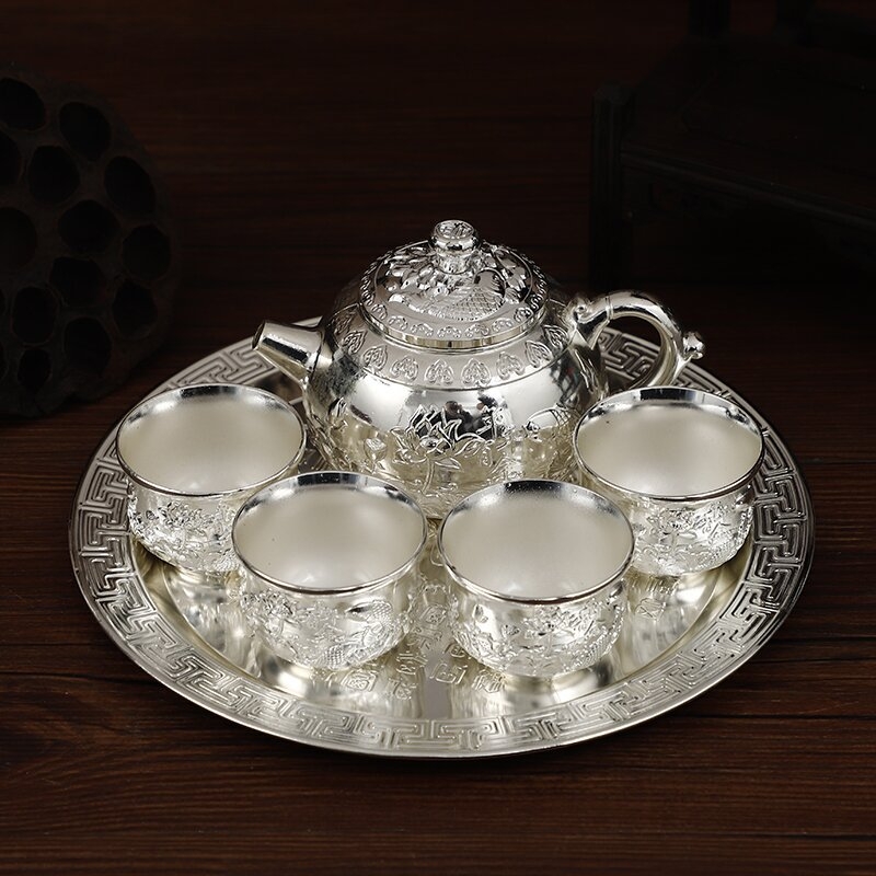 Set de ceai cu cești ceramice încrustate cu argint și bol de ceai, stil retro, în cutie cadou, pentru 4 persoane