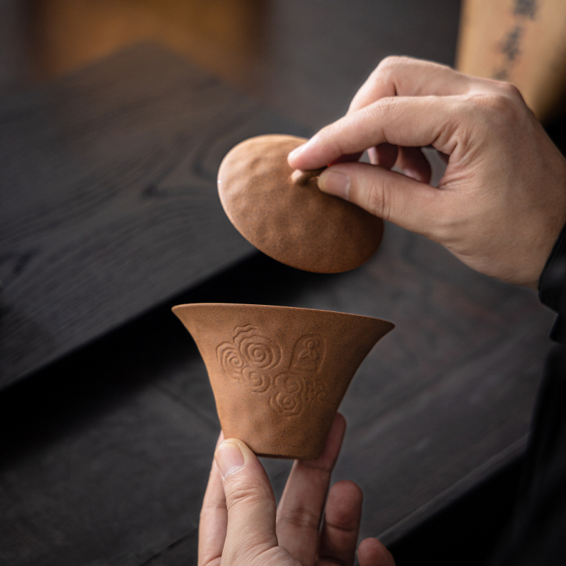 Bol de ceai ceramic cu capac, neglazat, ceramică brută, personalizare logo