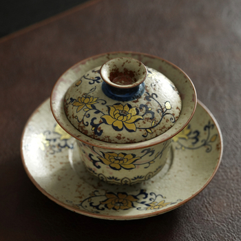 Gaiwan bleu-albastru cu glazură roșu piatră, set ceai retro Kung Fu, ceașcă mare de ceai chinezesc pentru uz casnic