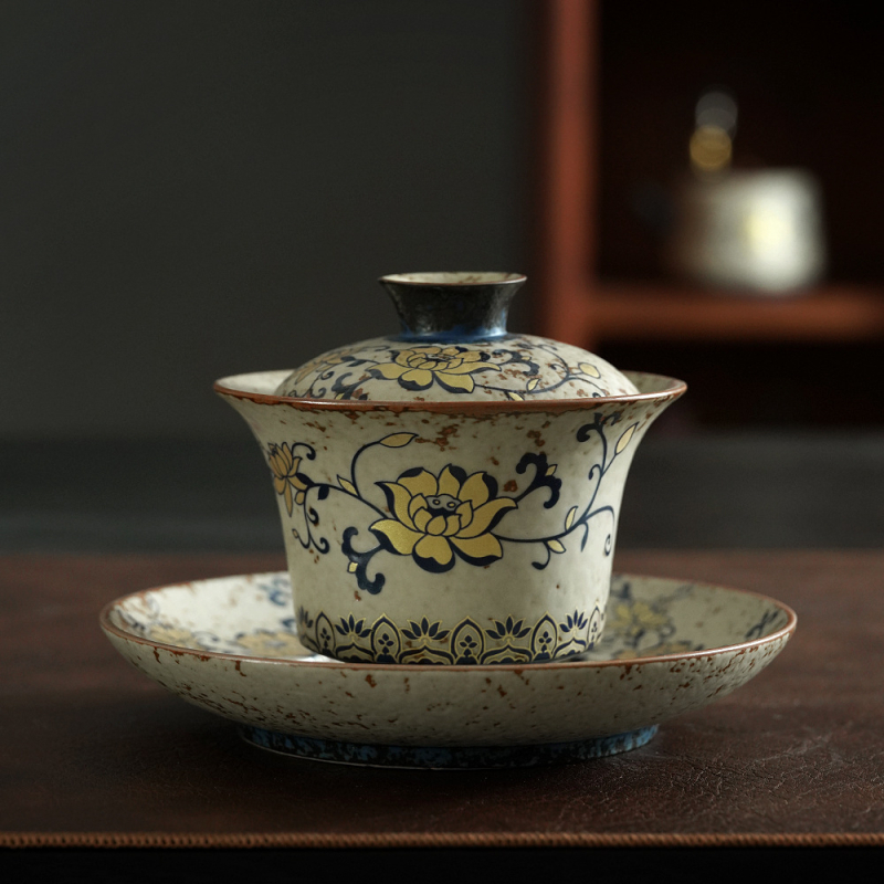 Gaiwan bleu-albastru cu glazură roșu piatră, set ceai retro Kung Fu, ceașcă mare de ceai chinezesc pentru uz casnic