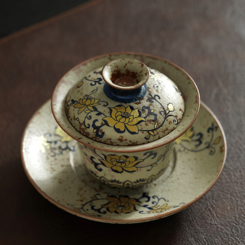 Gaiwan bleu-albastru cu glazură roșu piatră, set ceai retro Kung Fu, ceașcă mare de ceai chinezesc pentru uz casnic