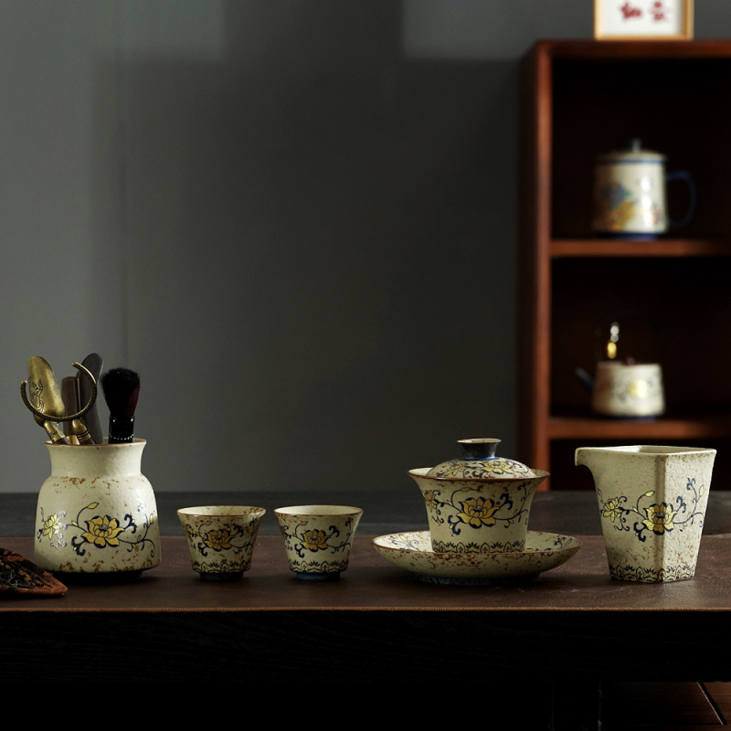 Gaiwan bleu-albastru cu glazură roșu piatră, set ceai retro Kung Fu, ceașcă mare de ceai chinezesc pentru uz casnic