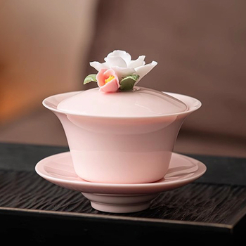 Set gaiwan ceramic roz, lucrat manual, cu capac, pentru ceremonia ceaiului Kung Fu