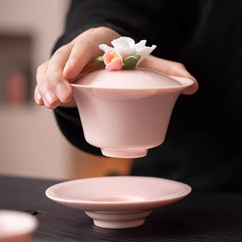 Set gaiwan ceramic roz, lucrat manual, cu capac, pentru ceremonia ceaiului Kung Fu