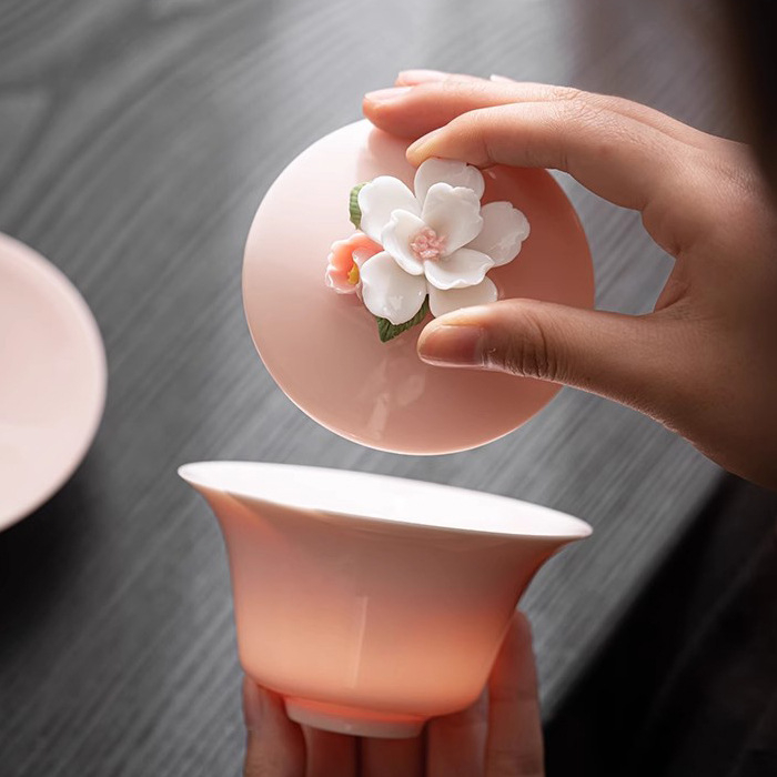 Set gaiwan ceramic roz, lucrat manual, cu capac, pentru ceremonia ceaiului Kung Fu