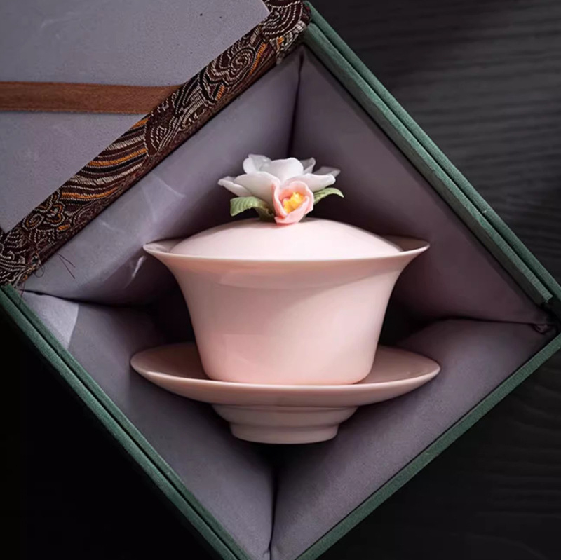 Set gaiwan ceramic roz, lucrat manual, cu capac, pentru ceremonia ceaiului Kung Fu