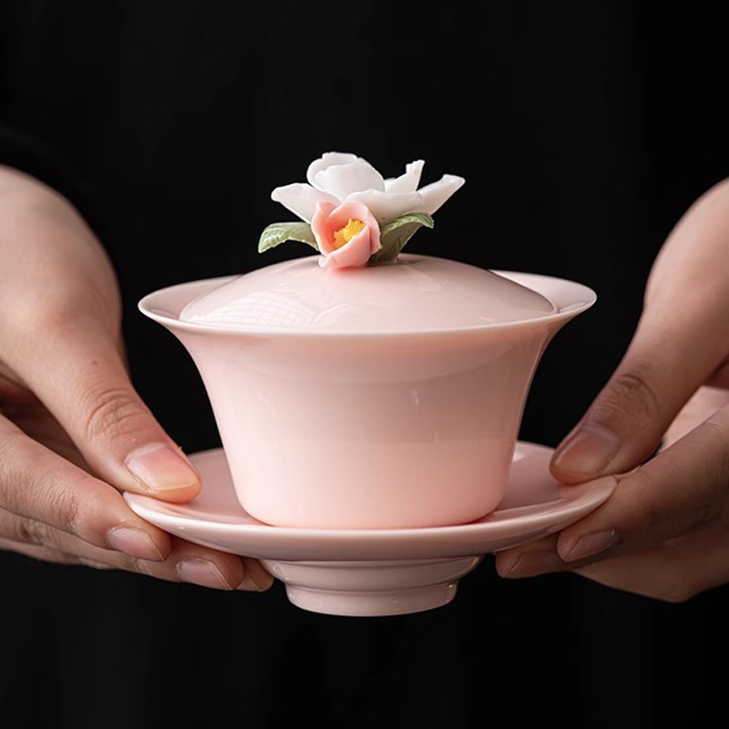 Set gaiwan ceramic roz, lucrat manual, cu capac, pentru ceremonia ceaiului Kung Fu
