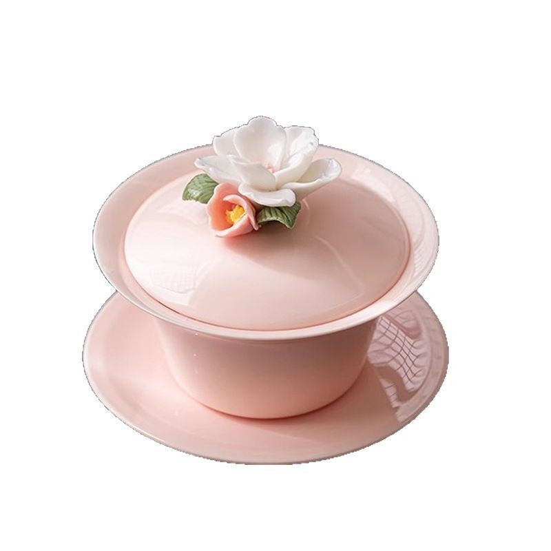 Set gaiwan ceramic roz, lucrat manual, cu capac, pentru ceremonia ceaiului Kung Fu