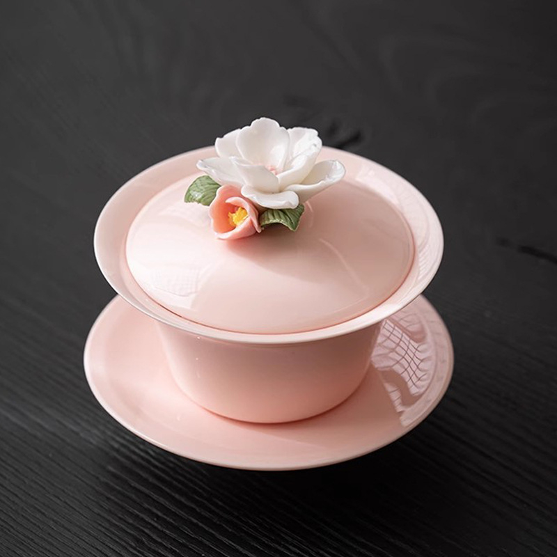 Set gaiwan ceramic roz, lucrat manual, cu capac, pentru ceremonia ceaiului Kung Fu