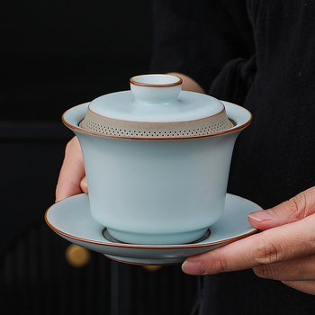 Vas cu capac și filtru propriu, porțelan Ru, debit de apă la 360°, set de ceai ceramic mare, Ceainic Celadon cu mâner