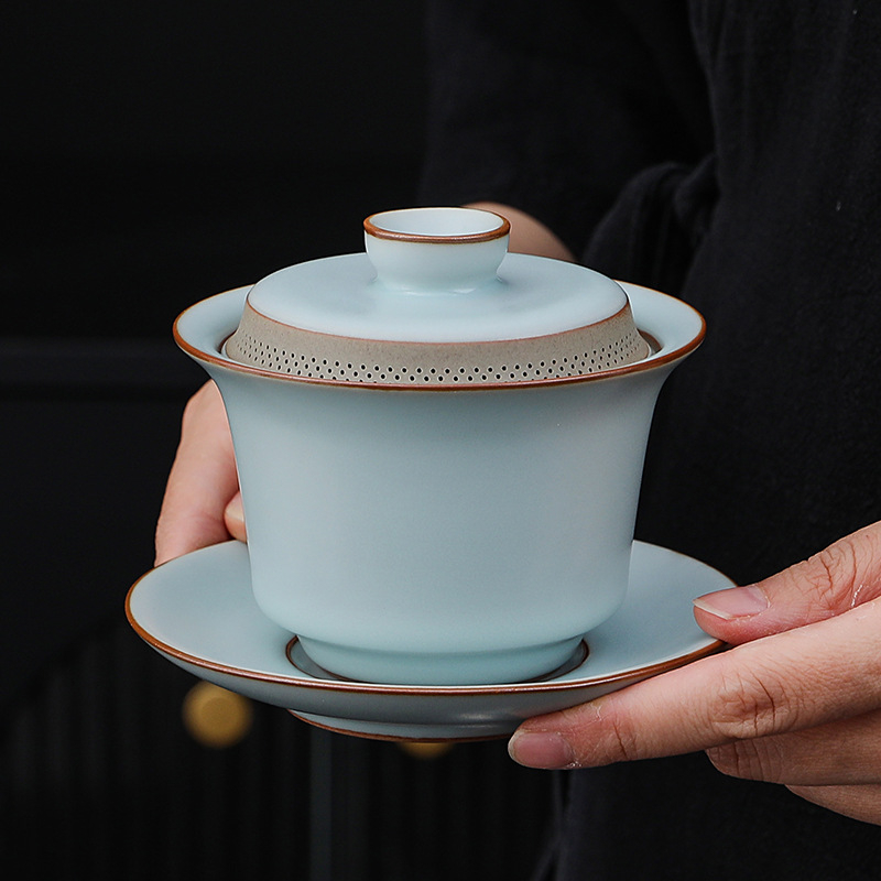 Vas cu capac și filtru propriu, porțelan Ru, debit de apă la 360°, set de ceai ceramic mare, Ceainic Celadon cu mâner