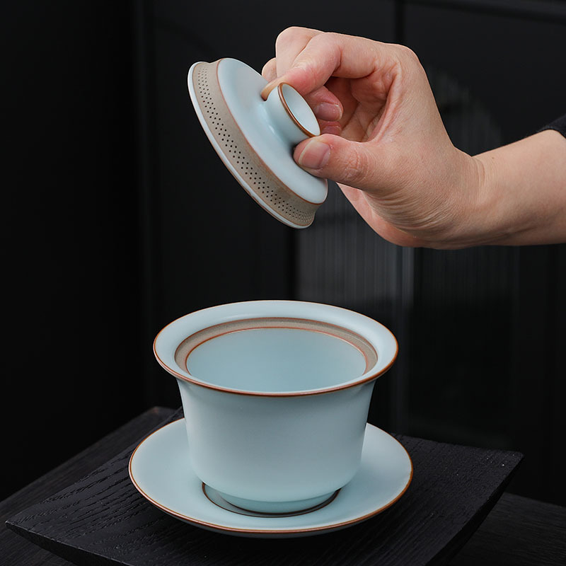 Vas cu capac și filtru propriu, porțelan Ru, debit de apă la 360°, set de ceai ceramic mare, Ceainic Celadon cu mâner