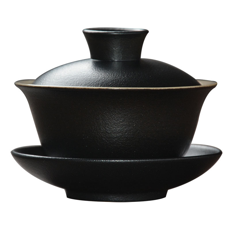 Vas de ceai ceramic negru cu capac, mic, 85 ml, pentru ceremonia Kung Fu a ceaiului
