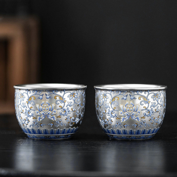 ceașă de ceai ceramică albastru-alb, vintage, cu margine aurită din argint, pentru ceai Gongfu