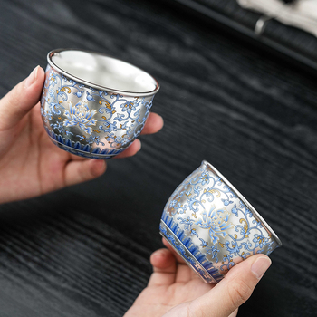 ceașă de ceai ceramică albastru-alb, vintage, cu margine aurită din argint, pentru ceai Gongfu