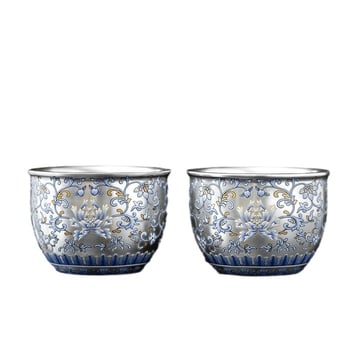 ceașă de ceai ceramică albastru-alb, vintage, cu margine aurită din argint, pentru ceai Gongfu