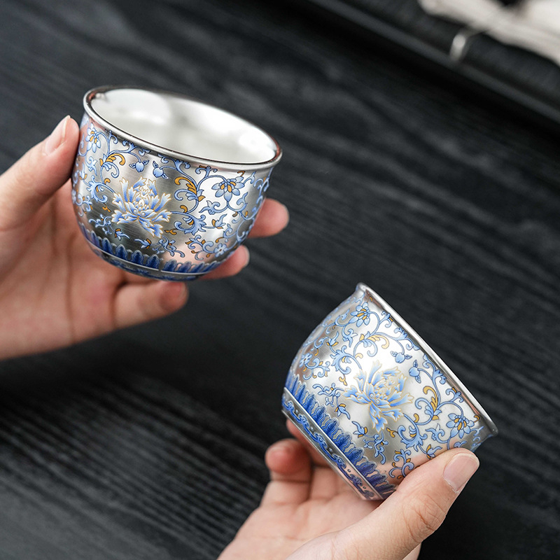ceașă de ceai ceramică albastru-alb, vintage, cu margine aurită din argint, pentru ceai Gongfu