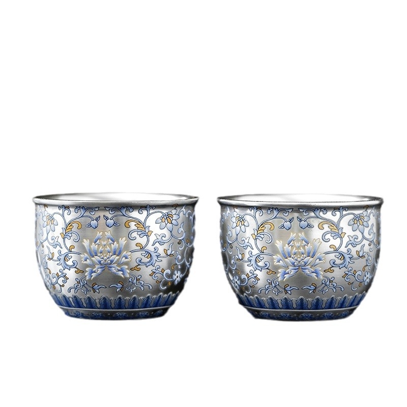 ceașă de ceai ceramică albastru-alb, vintage, cu margine aurită din argint, pentru ceai Gongfu