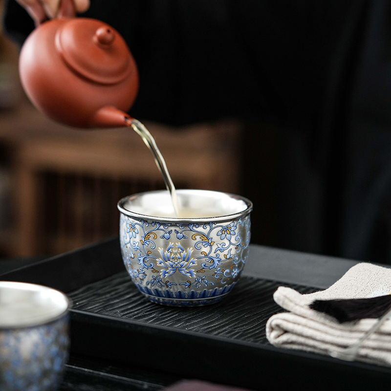 ceașă de ceai ceramică albastru-alb, vintage, cu margine aurită din argint, pentru ceai Gongfu