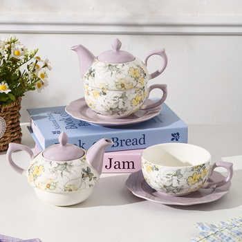 Set ceramic de ceai cu ceainic și cești, motiv iris, design vintage pentru ceaiul de după-amiază, stil englezesc
