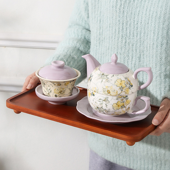Set ceramic de ceai cu ceainic și cești, motiv iris, design vintage pentru ceaiul de după-amiază, stil englezesc